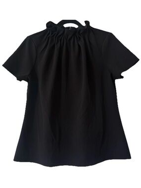 Ann Taylor Black Blouse High Neck Ruffle Short Sleeve Back Zip Victorian Top M